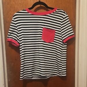 SHEIN Black and White Striped Tee with Pink Accents